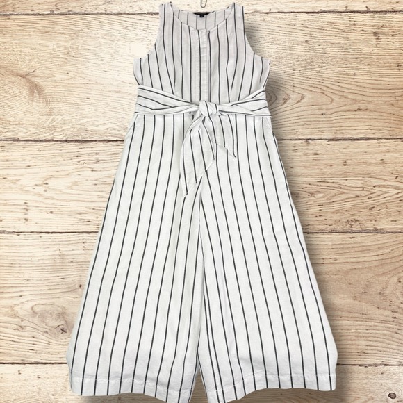 BANANA REPUBLIC Linen Cotton Wide Leg Cropped Jumpsuit Sz‎ 10 Black/White Stripe - Picture 1 of 8